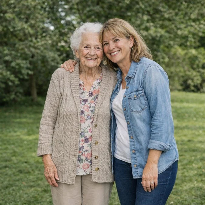 Aidante et senior souriantes dans un jardin – conseil autonomie à domicile